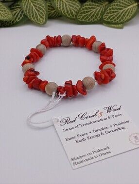 Red Coral And Wood Healing Crystal Stretch Bracelet